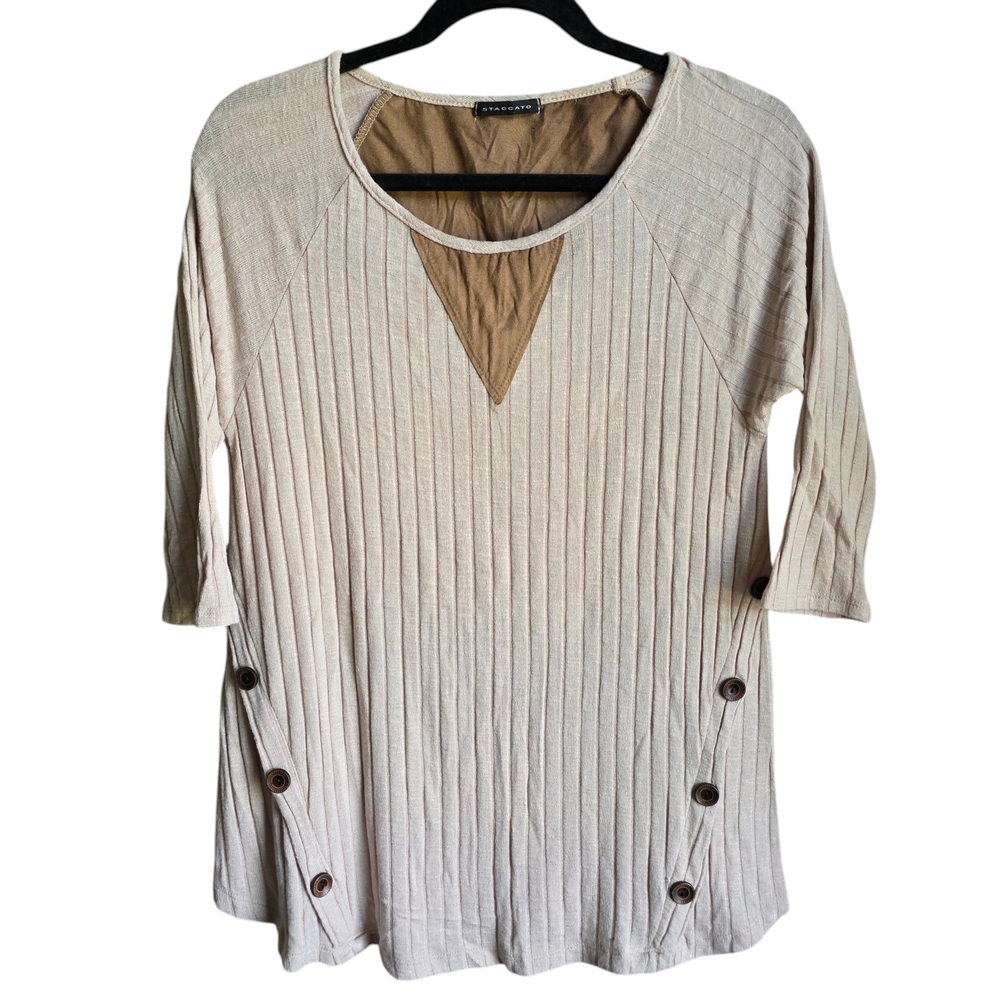 Staccato Beige Ribbed Tunic Blouse with Button Details 3/4 Sleeves Size Large